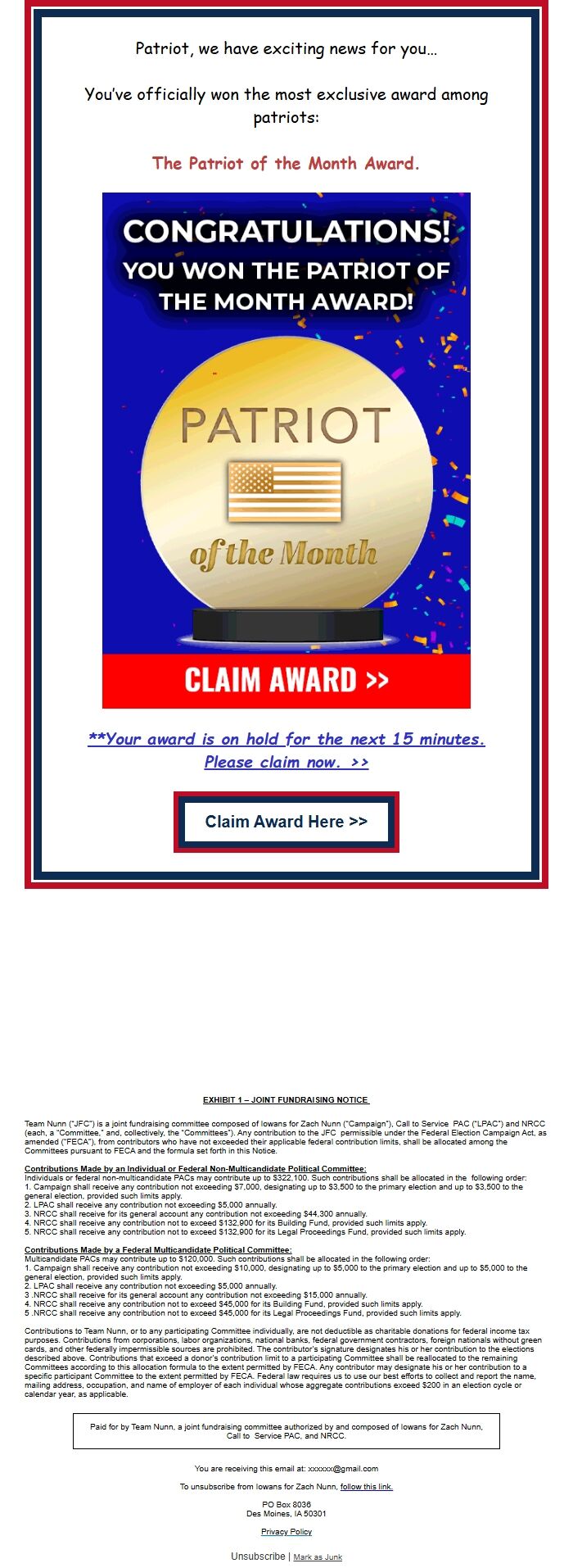 Screenshot of the email generated on import
