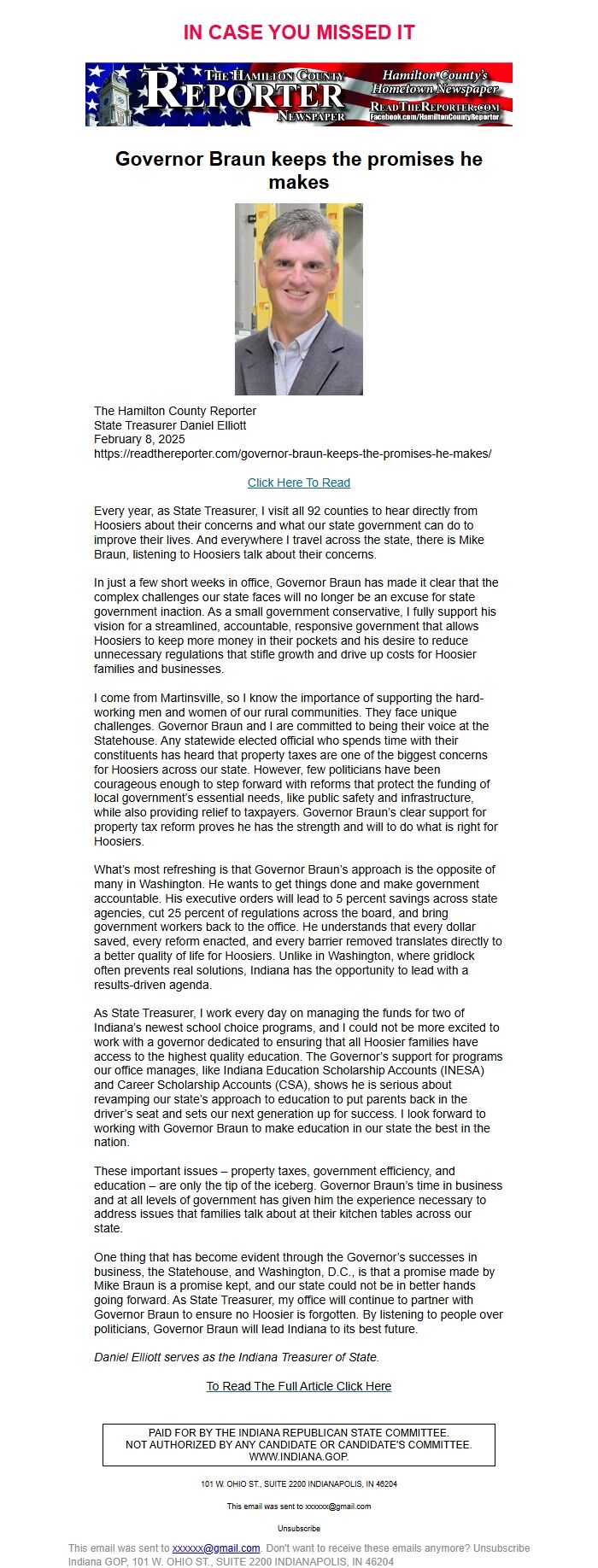 Screenshot of the email generated on import
