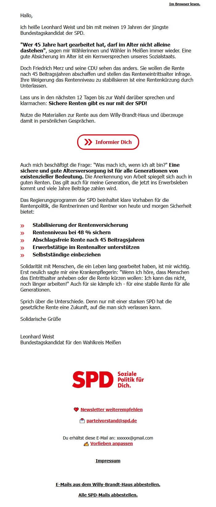 Screenshot of the email generated on import