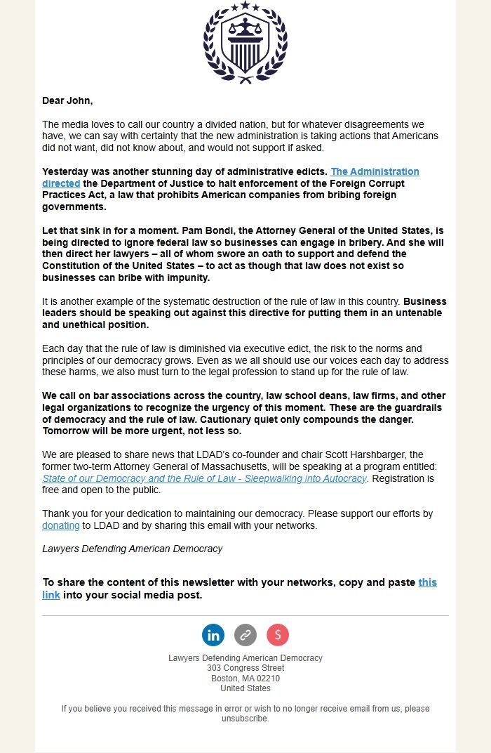 Screenshot of the email generated on import