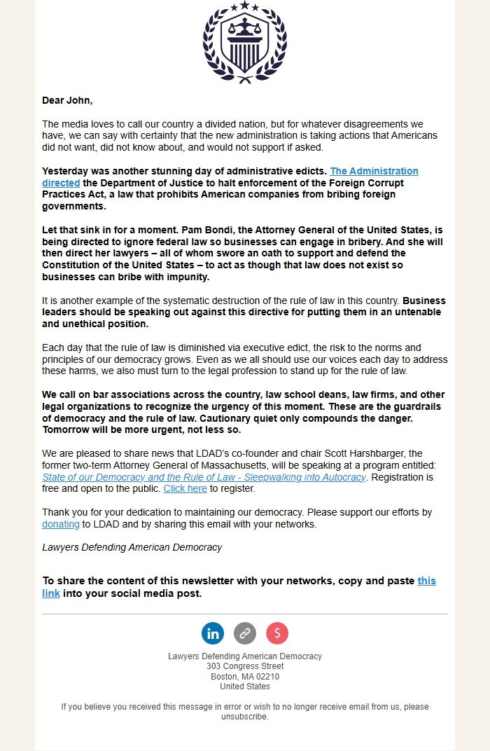 Screenshot of the email generated on import