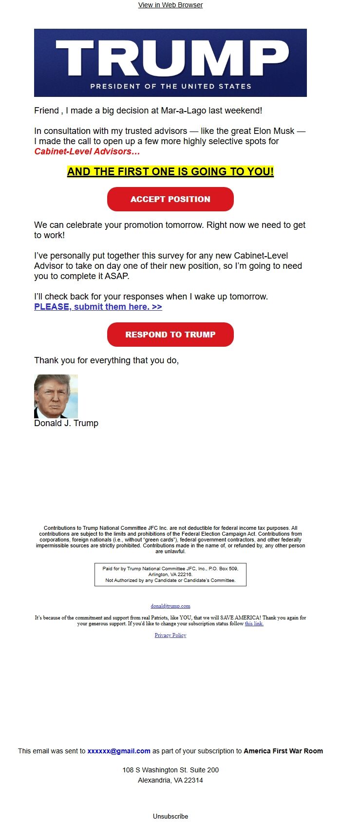 Screenshot of the email generated on import