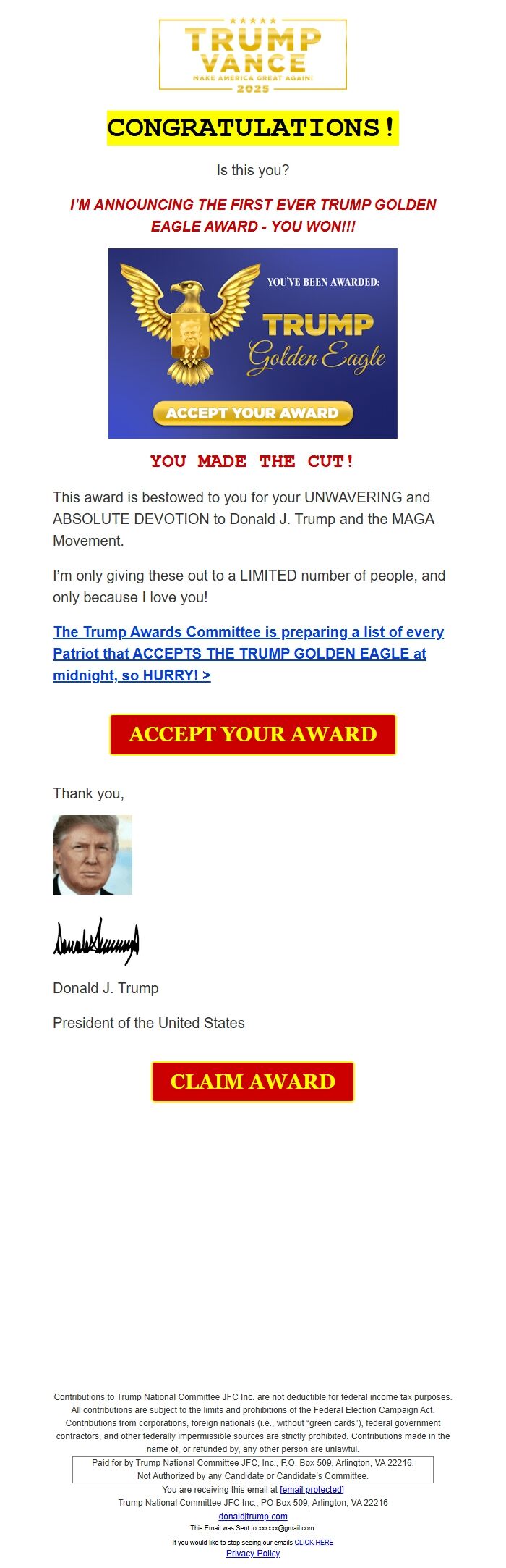 Screenshot of the email generated on import