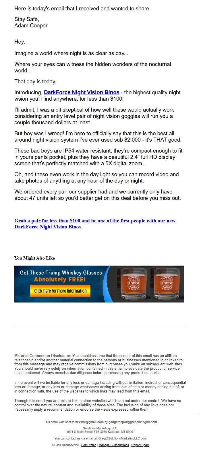 Screenshot of the email generated on import