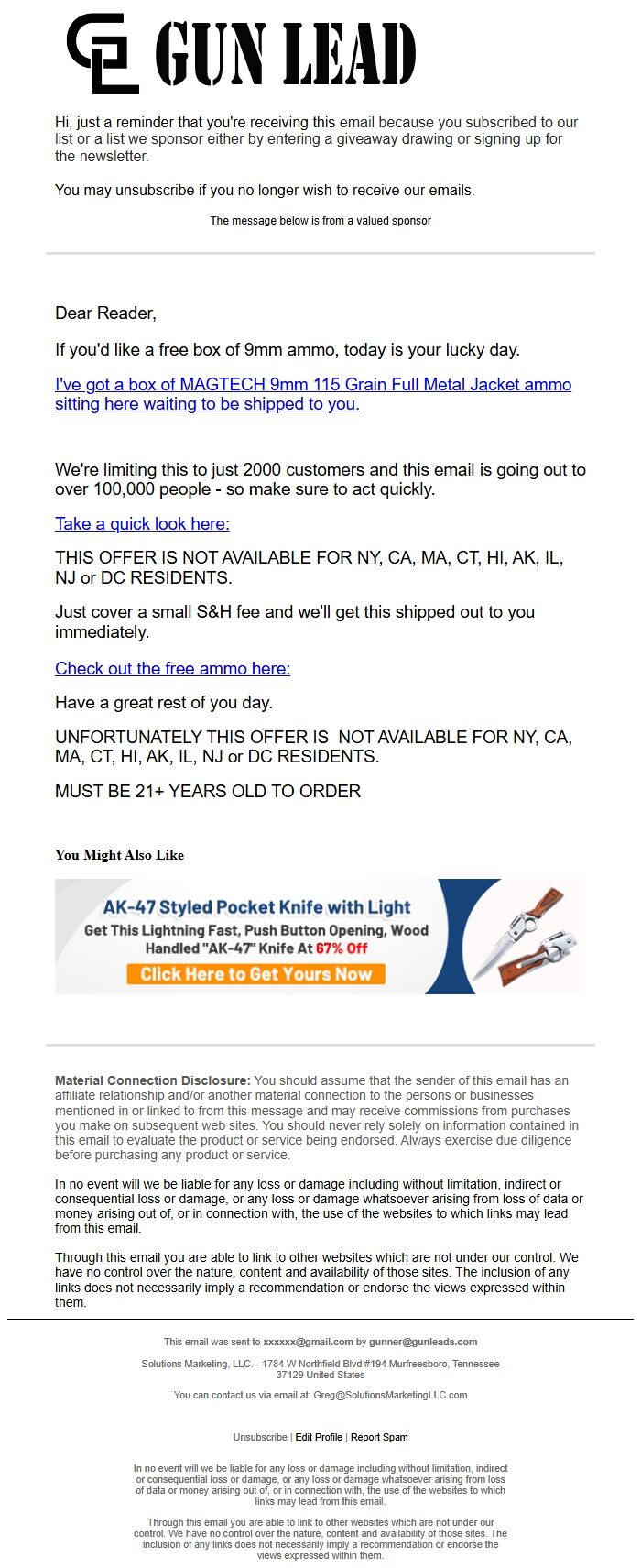 Screenshot of the email generated on import