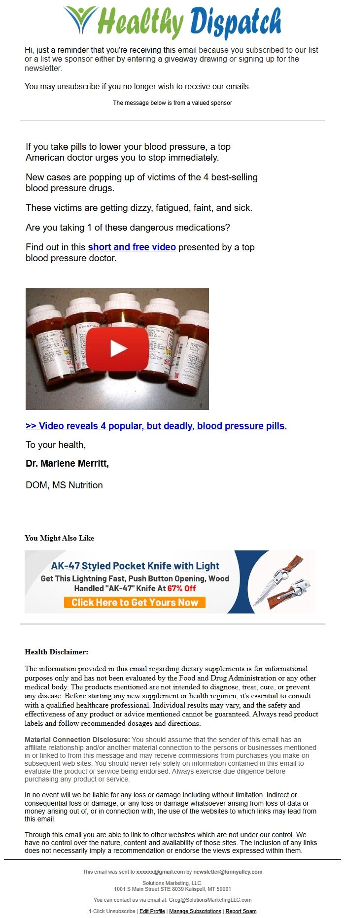 Screenshot of the email generated on import