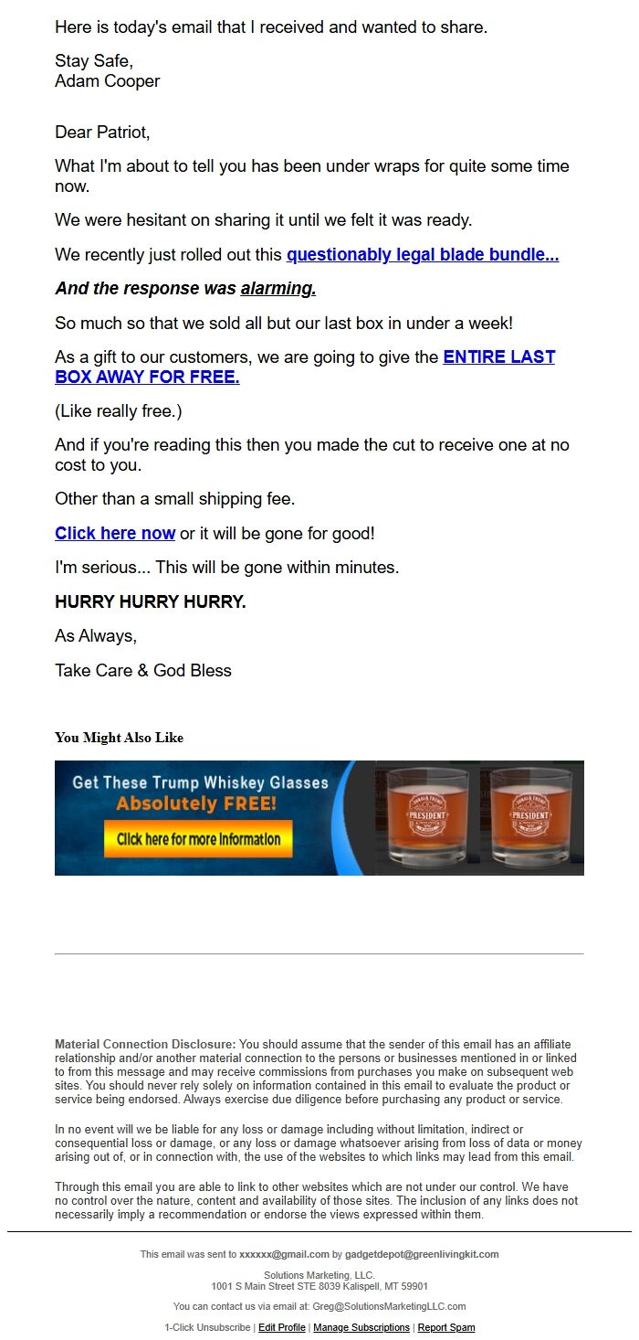 Screenshot of the email generated on import