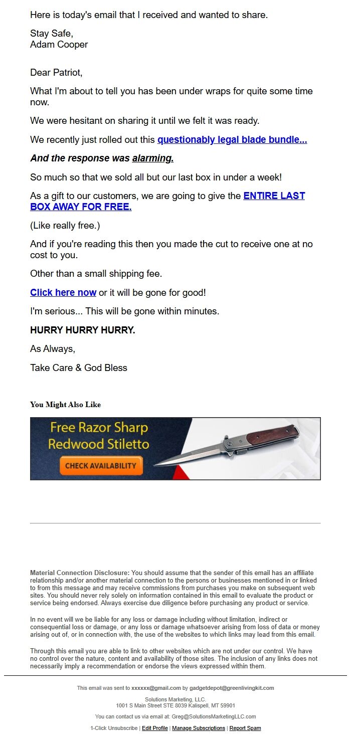 Screenshot of the email generated on import