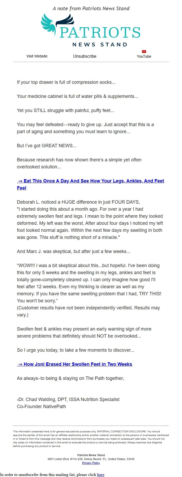 Screenshot of the email generated on import