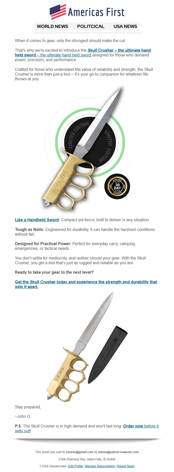 Screenshot of the email generated on import