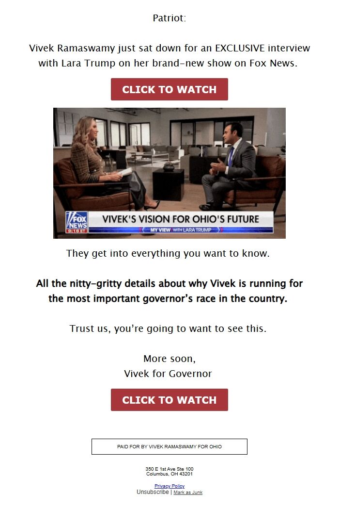 Screenshot of the email generated on import