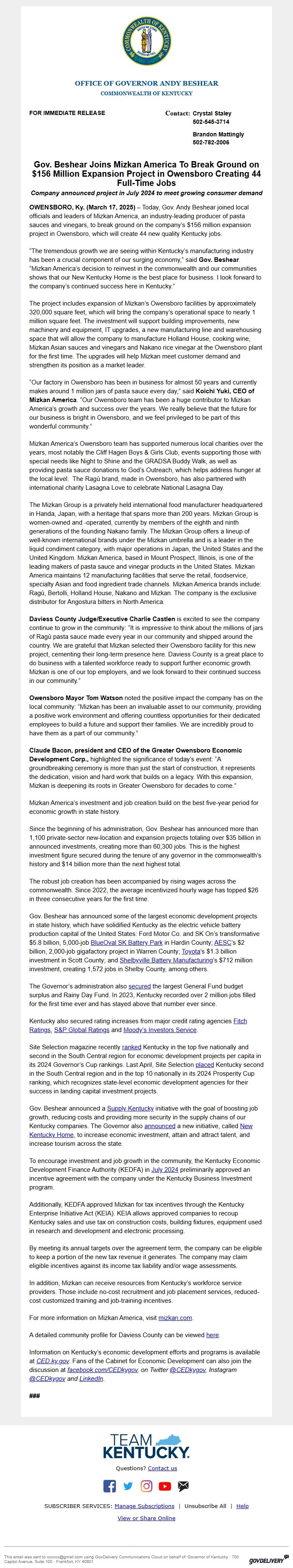 Screenshot of the email generated on import