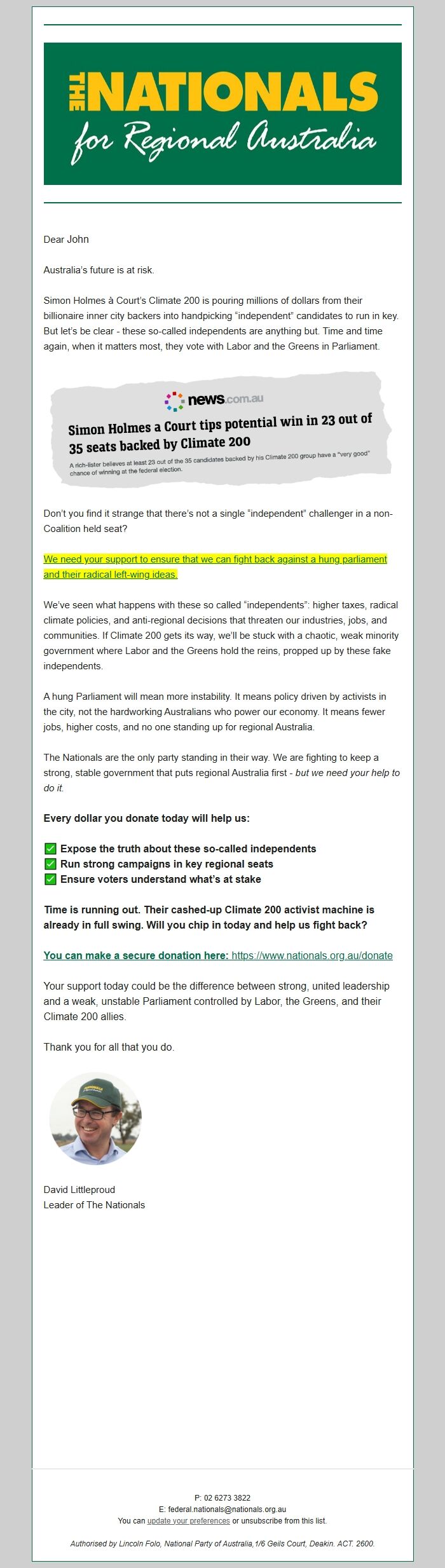 Screenshot of the email generated on import