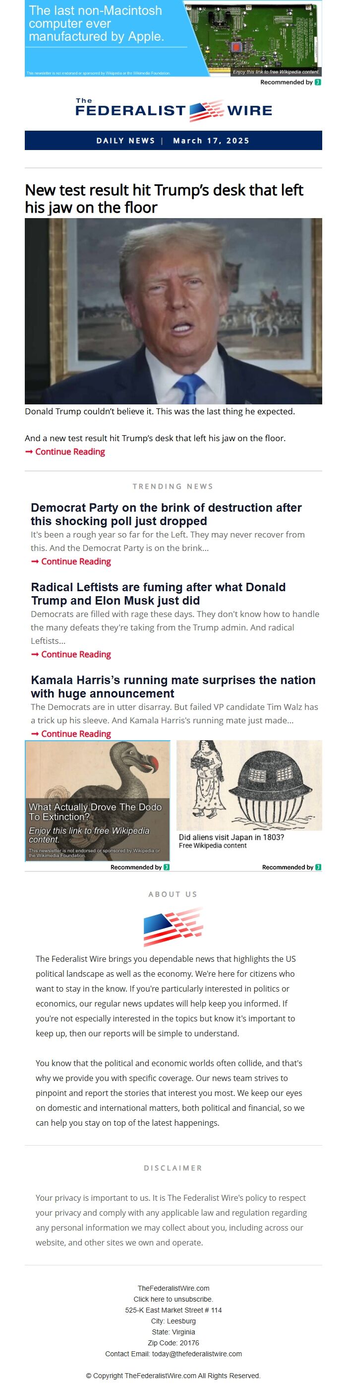 Screenshot of the email generated on import