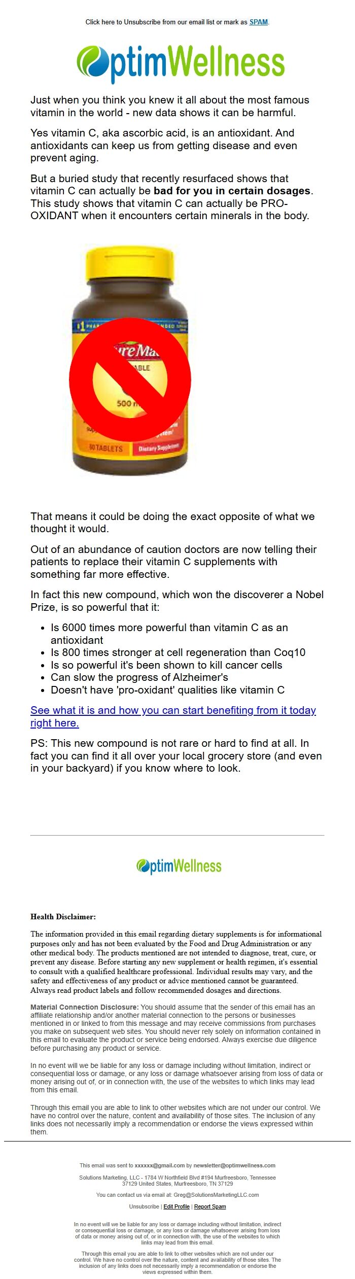 Screenshot of the email generated on import