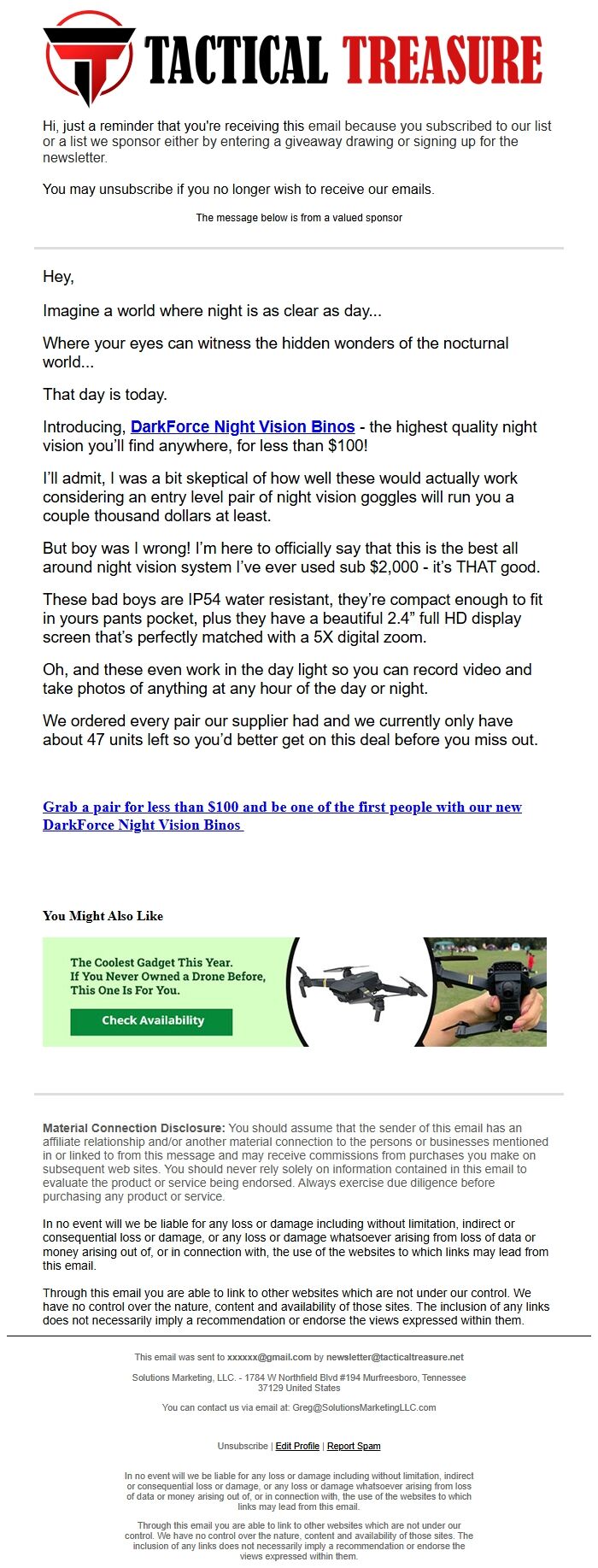 Screenshot of the email generated on import