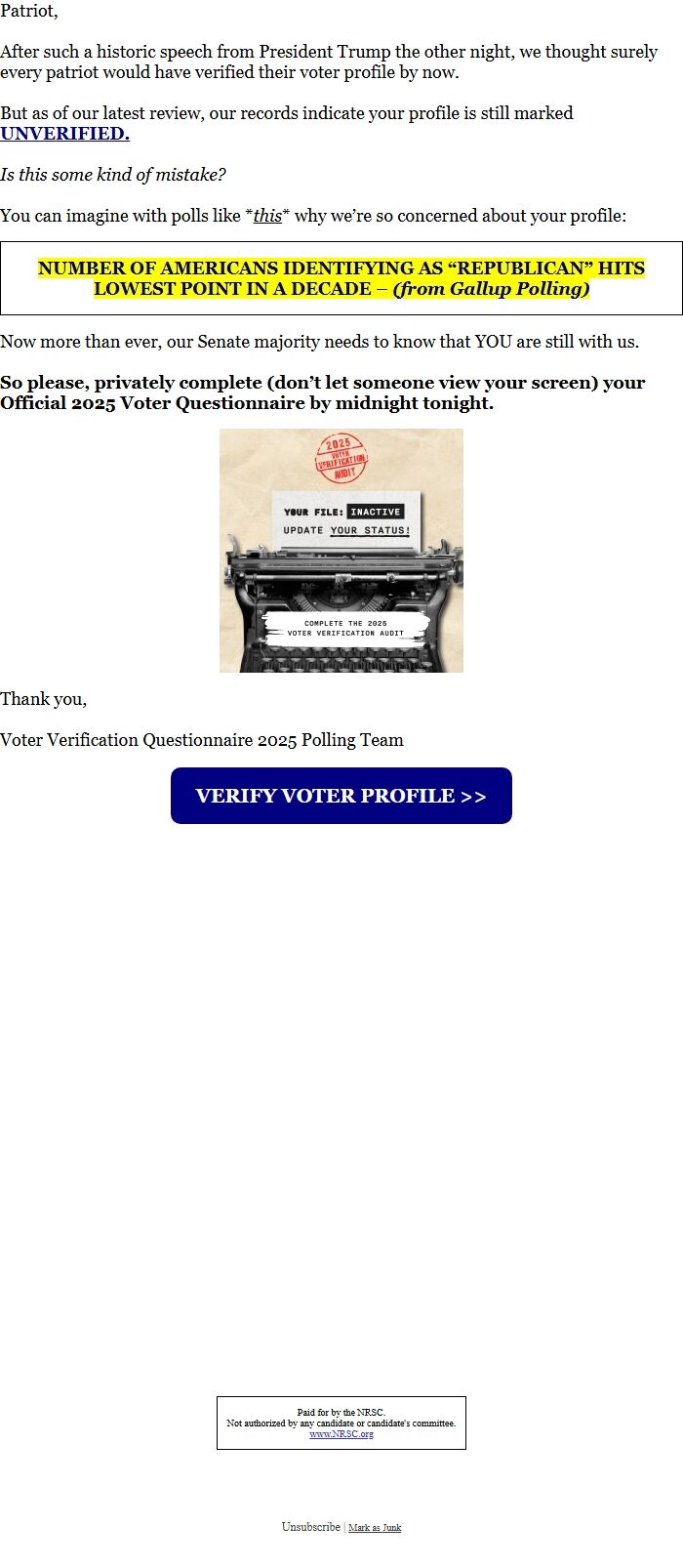 Screenshot of the email generated on import
