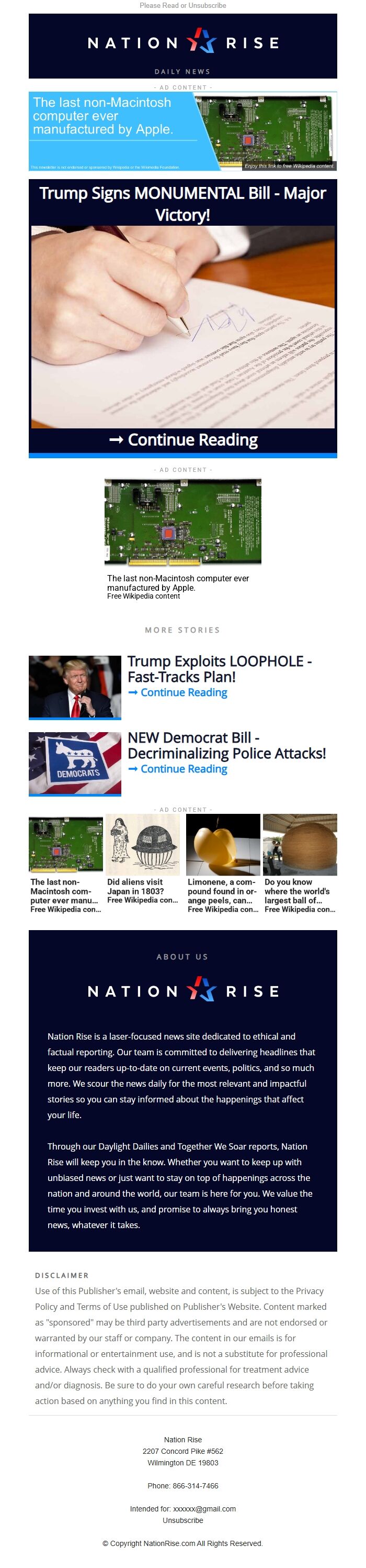 Screenshot of the email generated on import