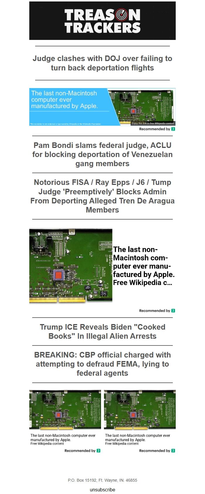 Screenshot of the email generated on import