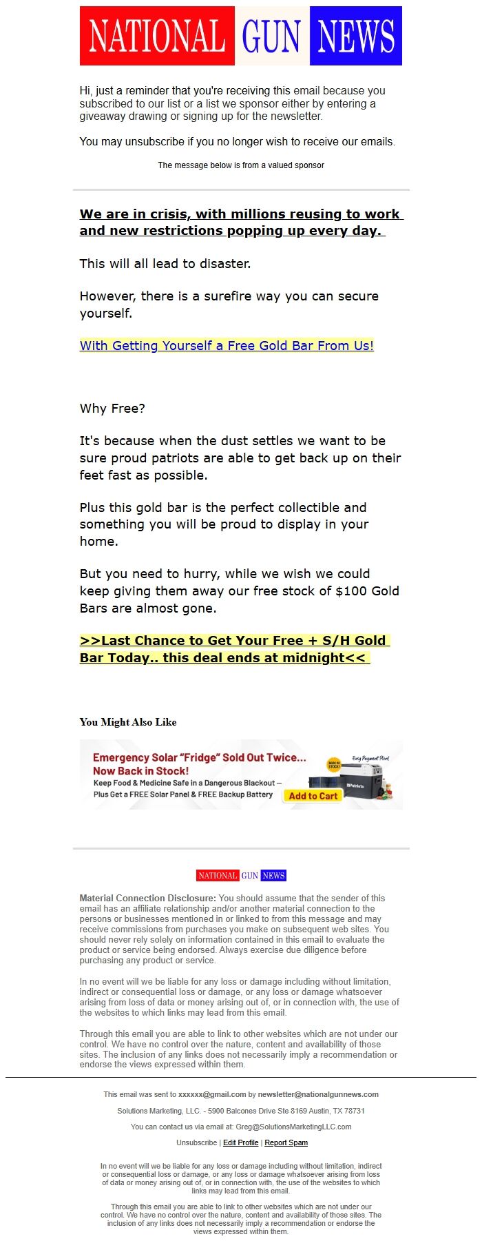 Screenshot of the email generated on import