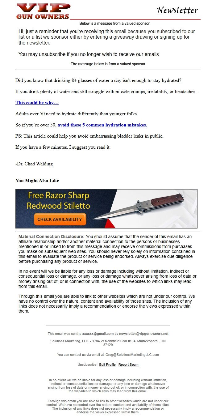 Screenshot of the email generated on import