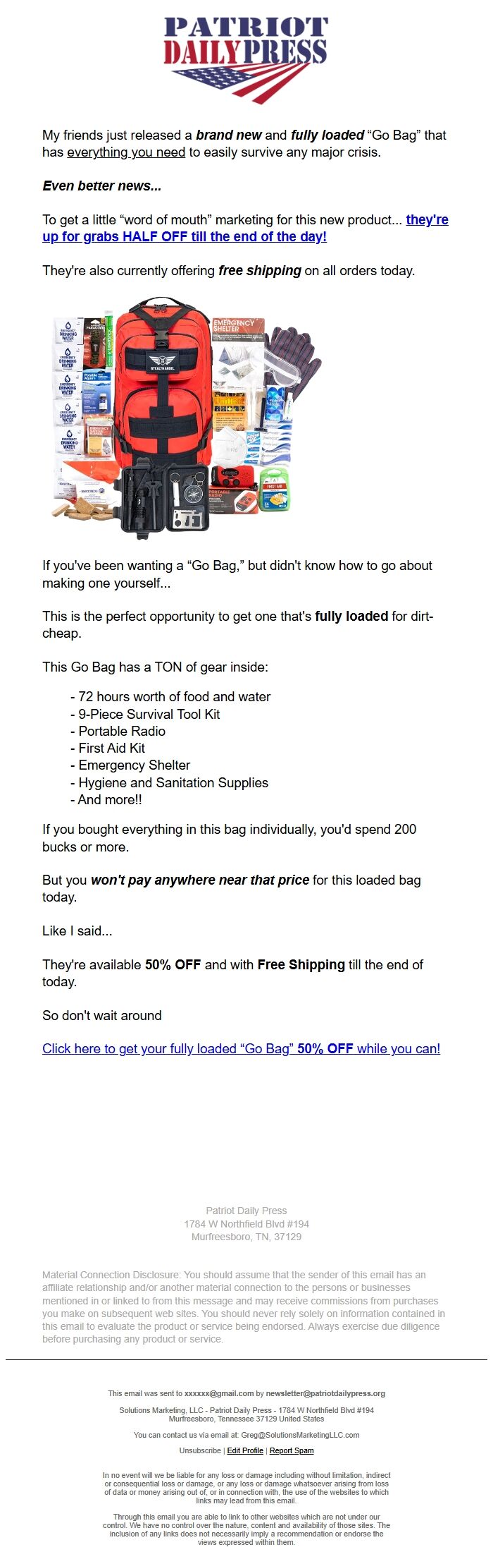 Screenshot of the email generated on import