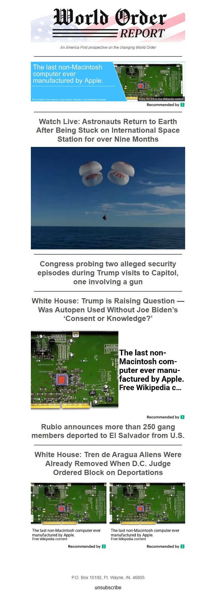 Screenshot of the email generated on import