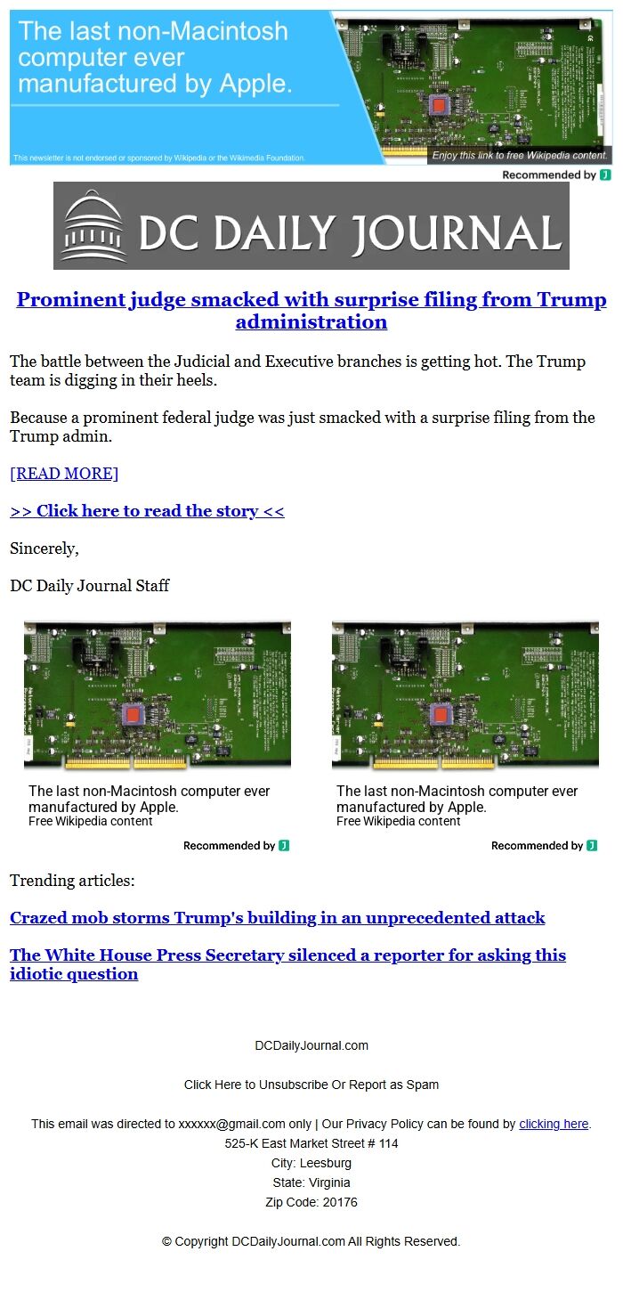 Screenshot of the email generated on import