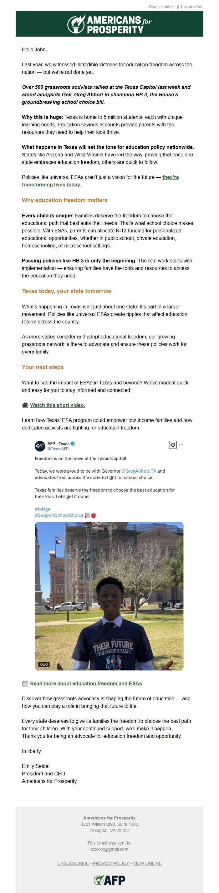 Screenshot of the email generated on import