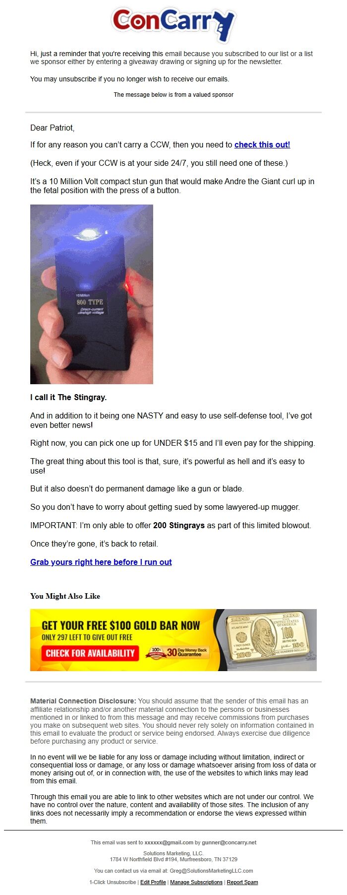 Screenshot of the email generated on import