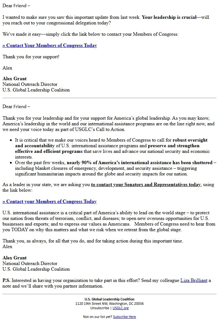 Screenshot of the email generated on import
