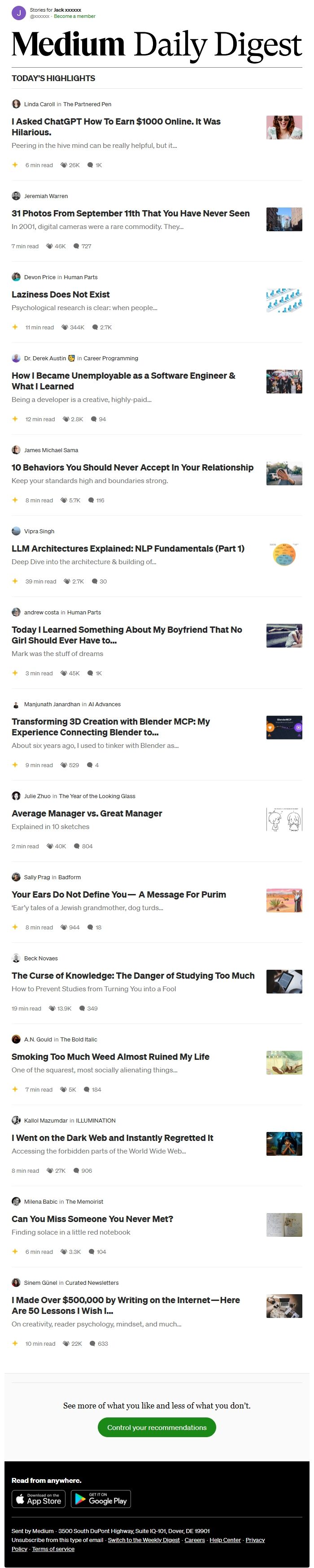 Screenshot of the email generated on import