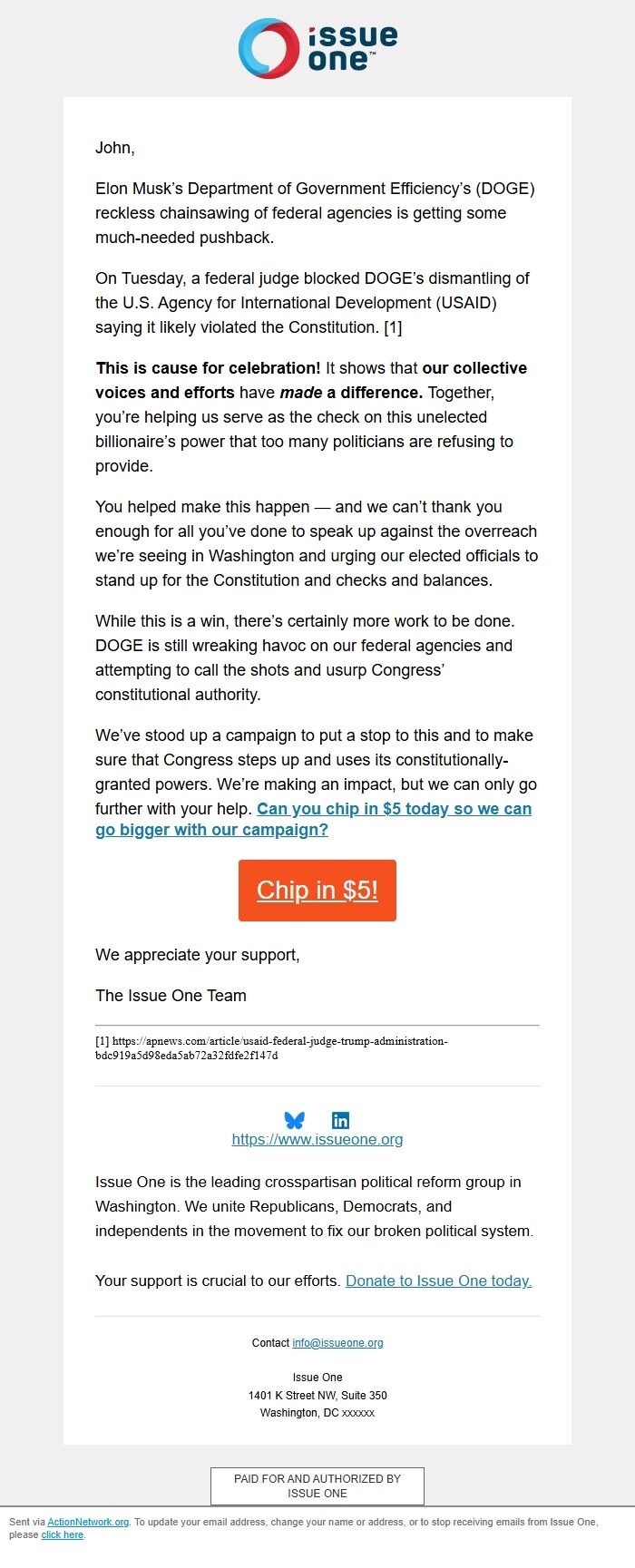 Screenshot of the email generated on import