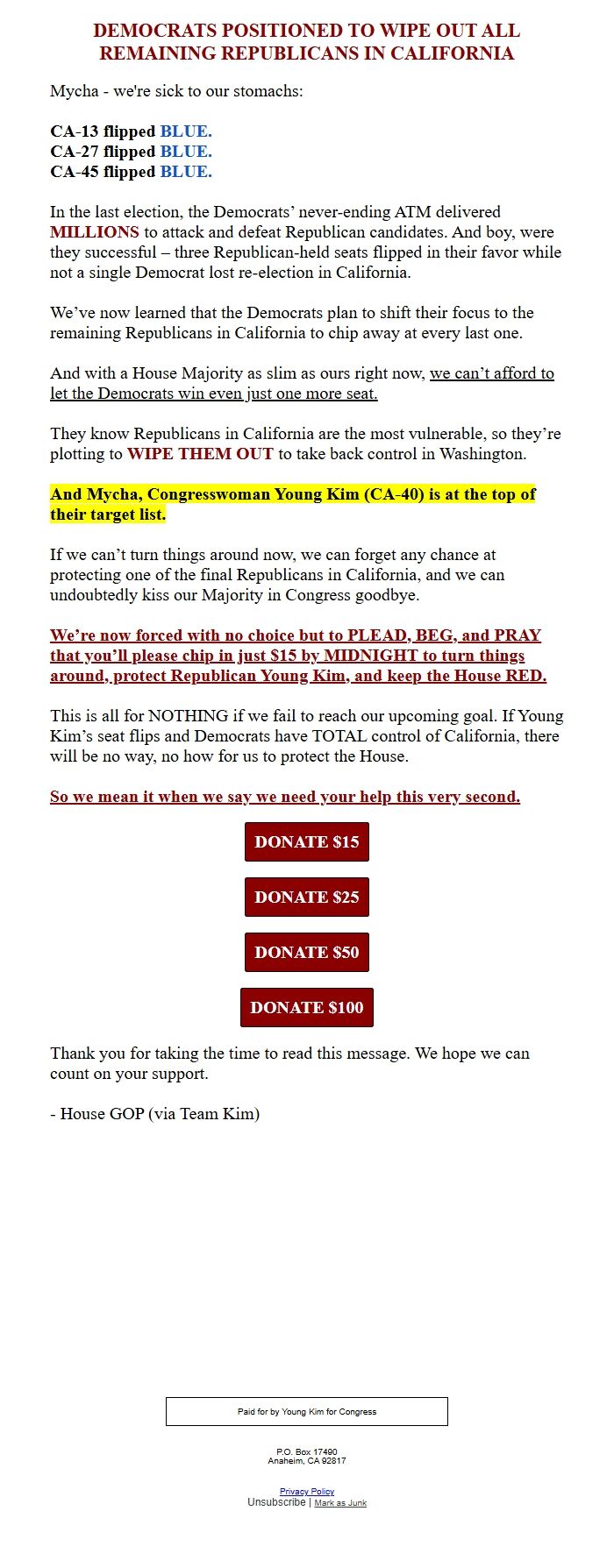 Screenshot of the email generated on import
