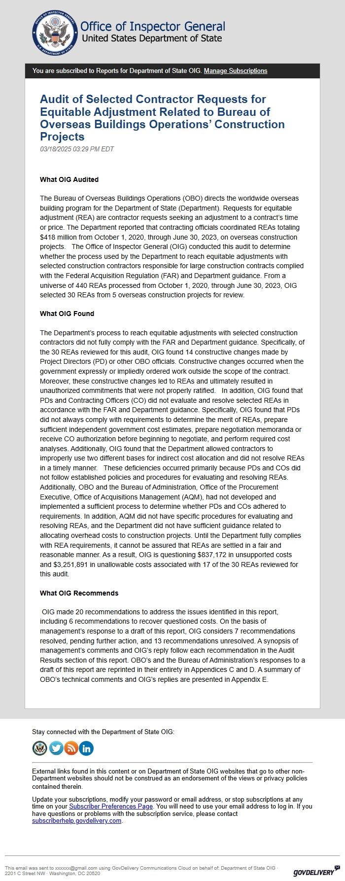 Screenshot of the email generated on import