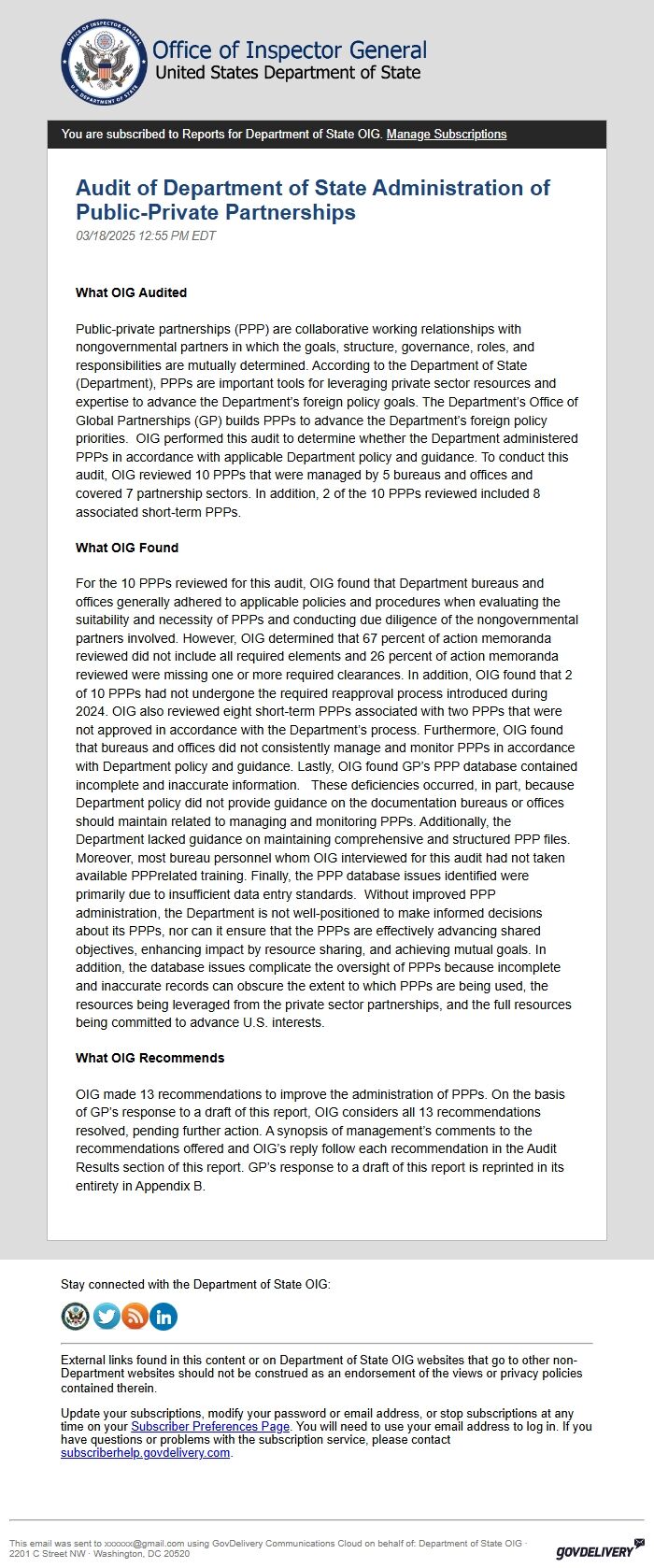 Screenshot of the email generated on import