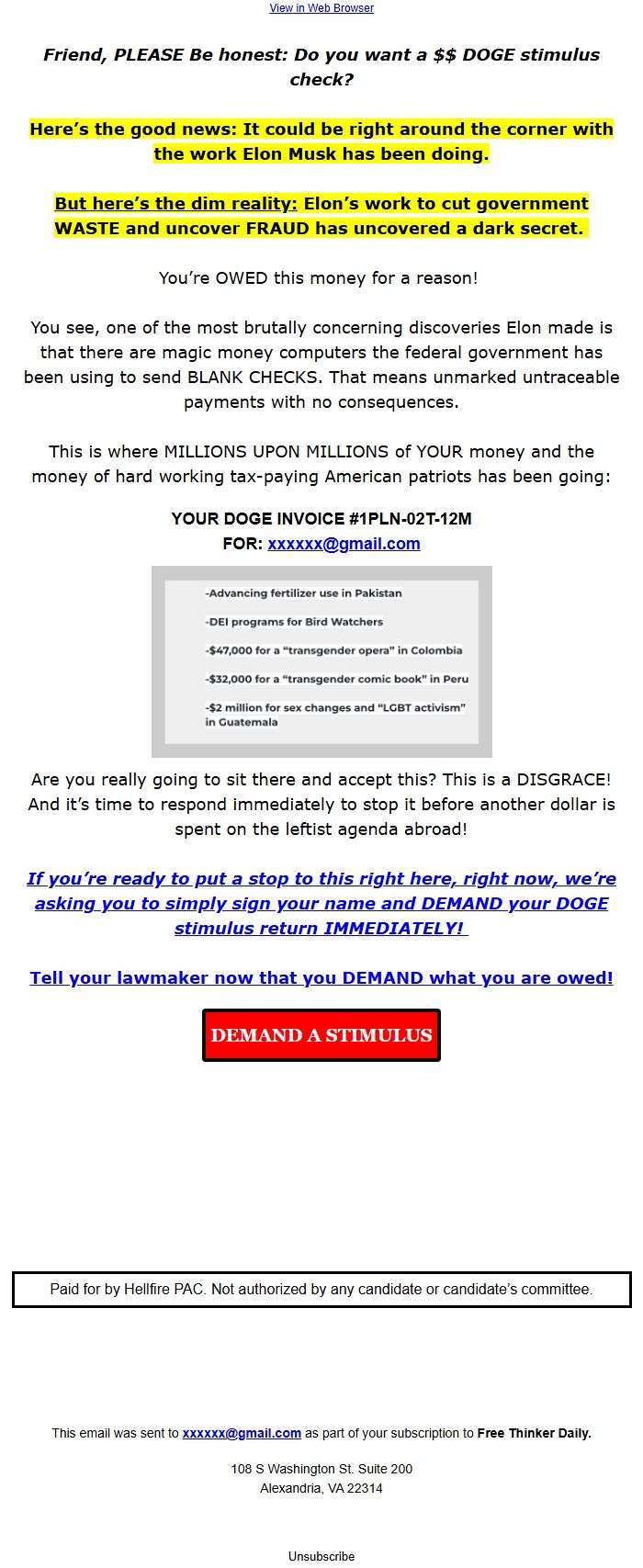 Screenshot of the email generated on import