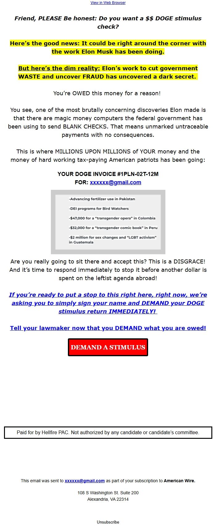 Screenshot of the email generated on import