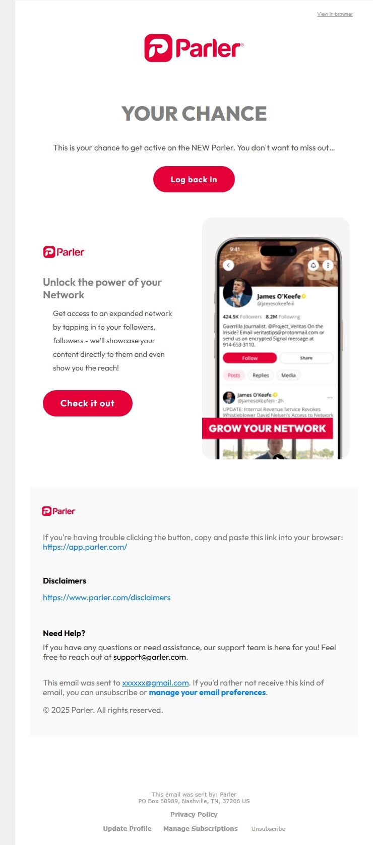 Screenshot of the email generated on import