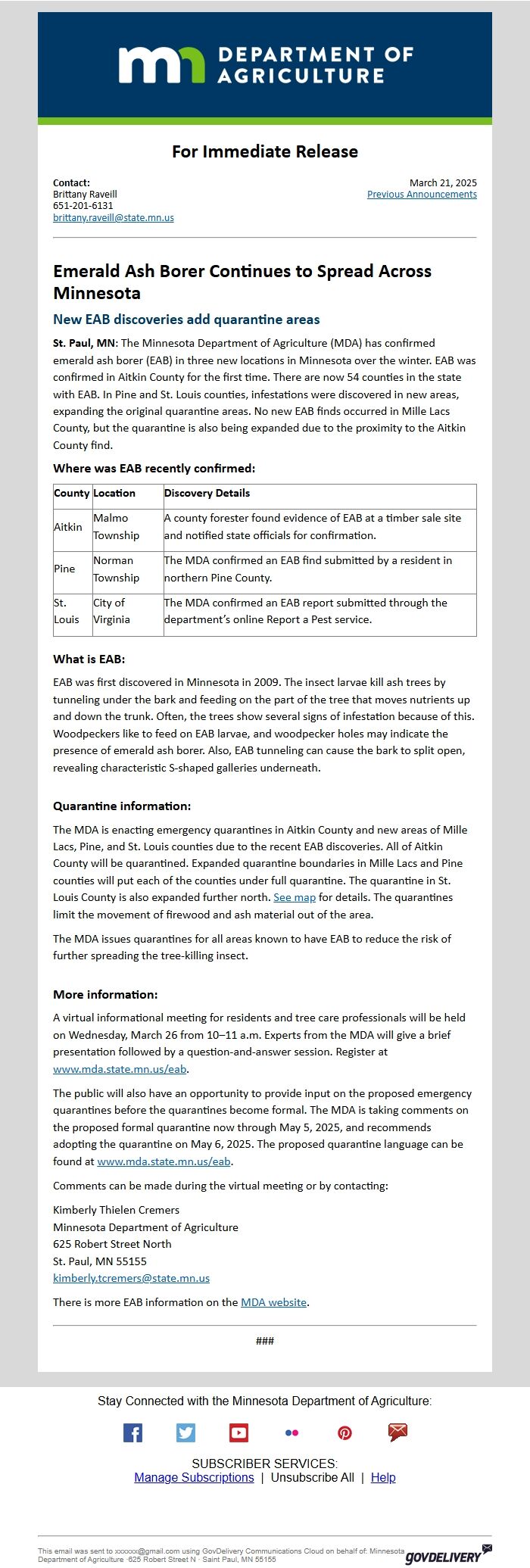 Screenshot of the email generated on import