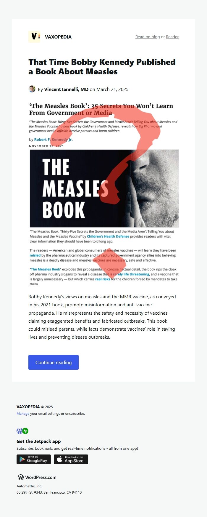 Screenshot of the email generated on import