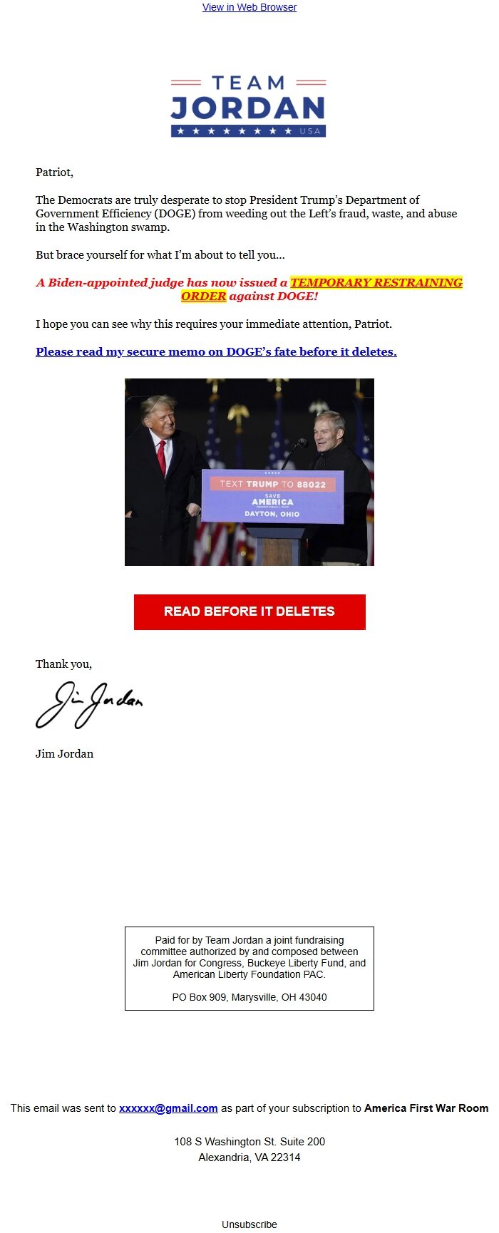 Screenshot of the email generated on import
