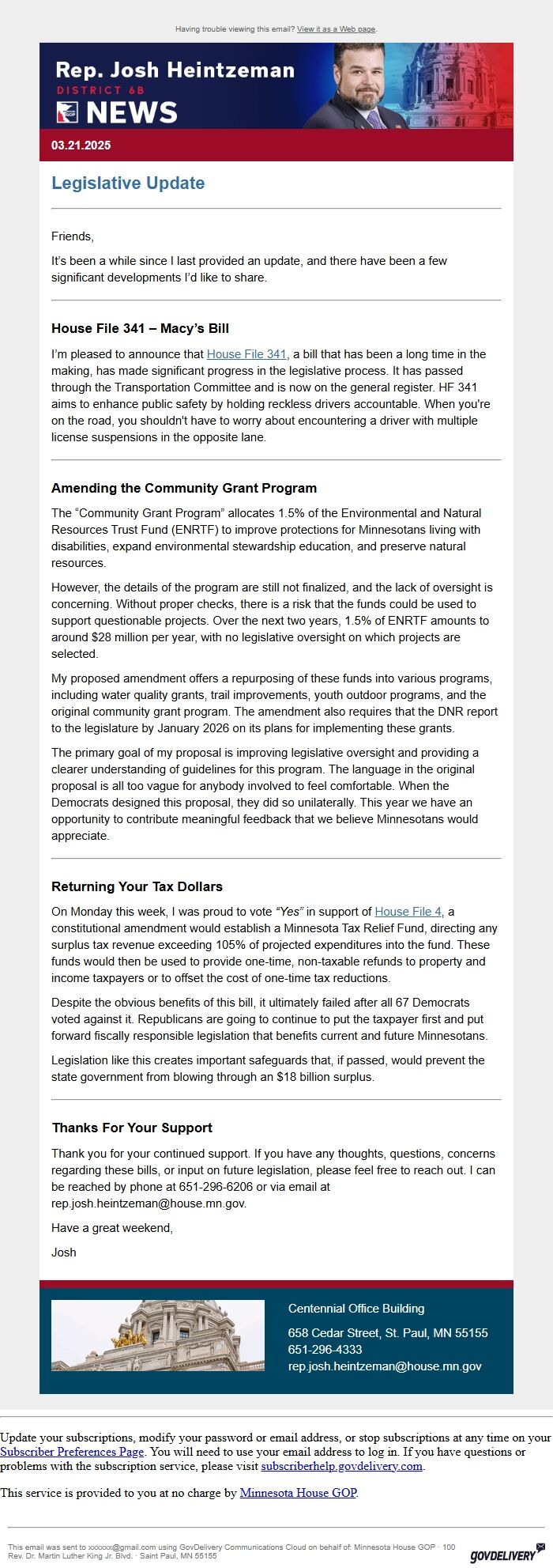 Screenshot of the email generated on import