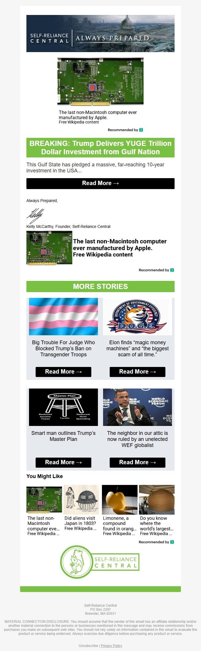 Screenshot of the email generated on import