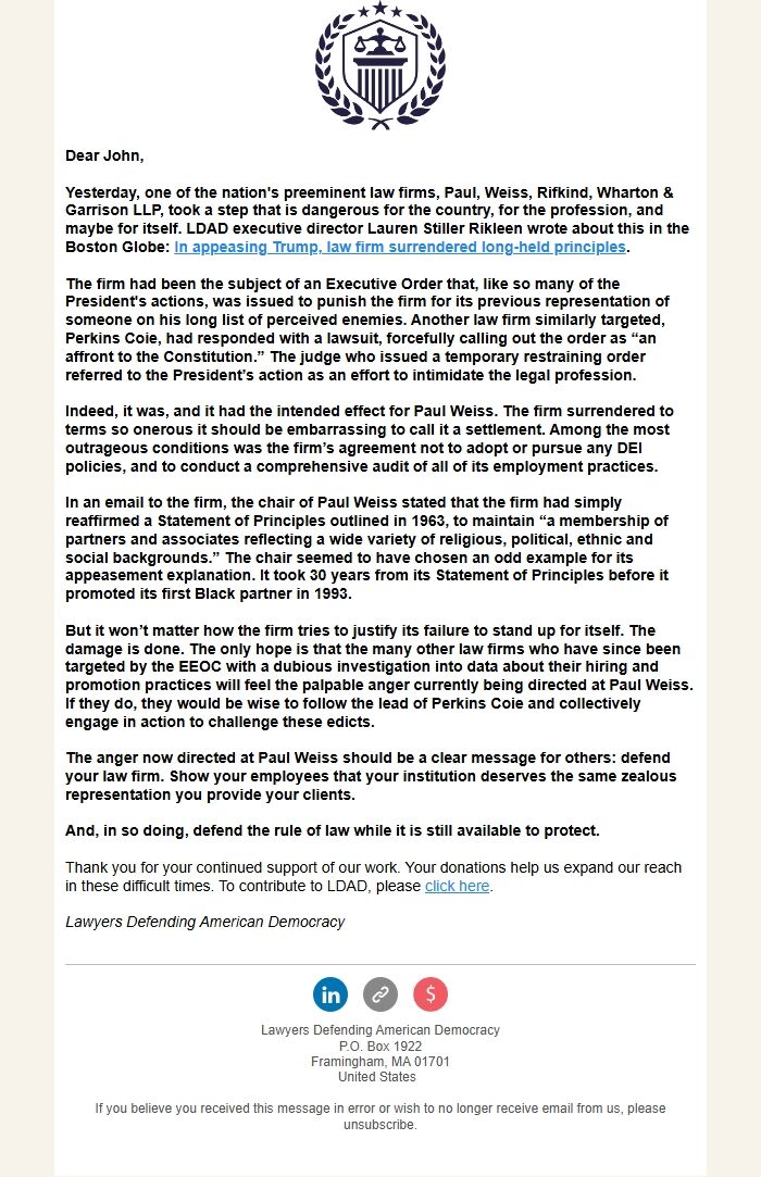 Screenshot of the email generated on import