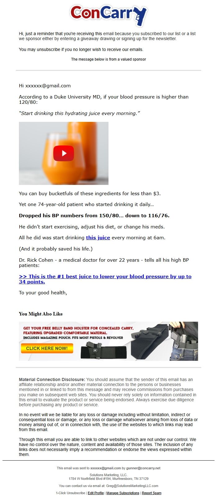 Screenshot of the email generated on import