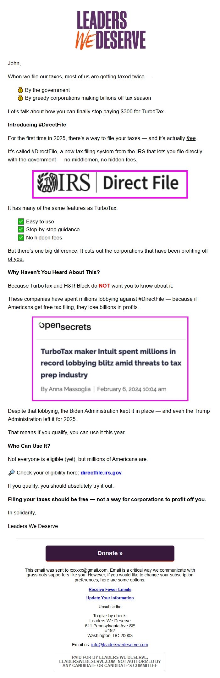 Screenshot of the email generated on import