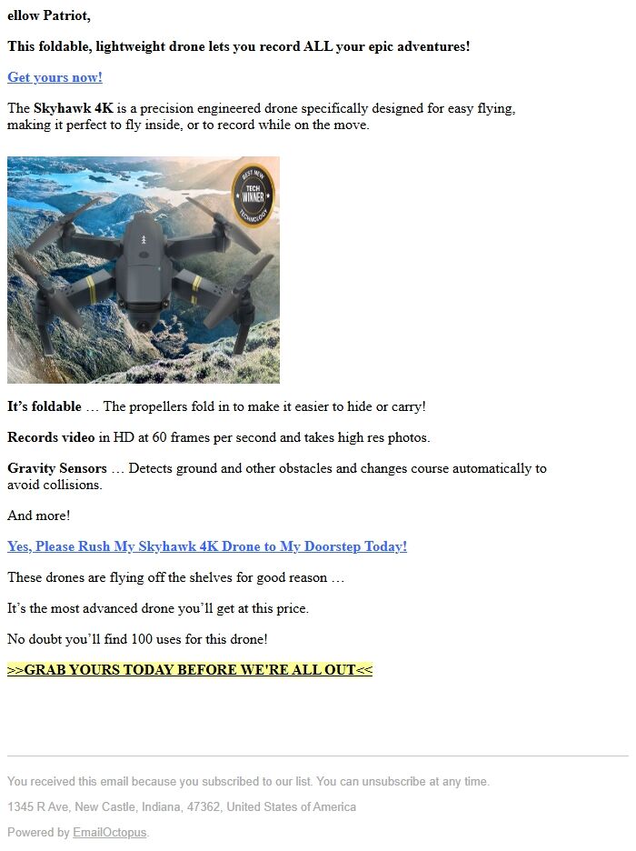 Screenshot of the email generated on import