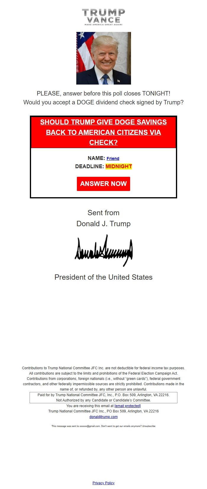 Screenshot of the email generated on import