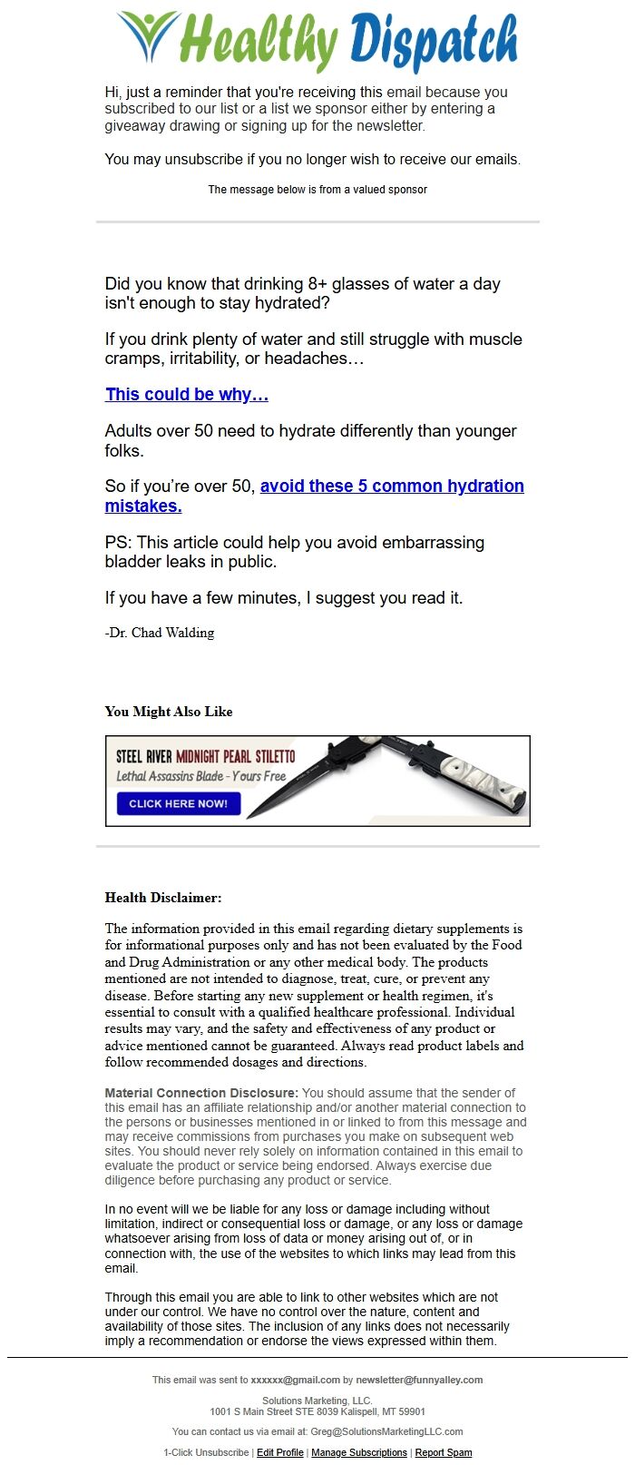Screenshot of the email generated on import